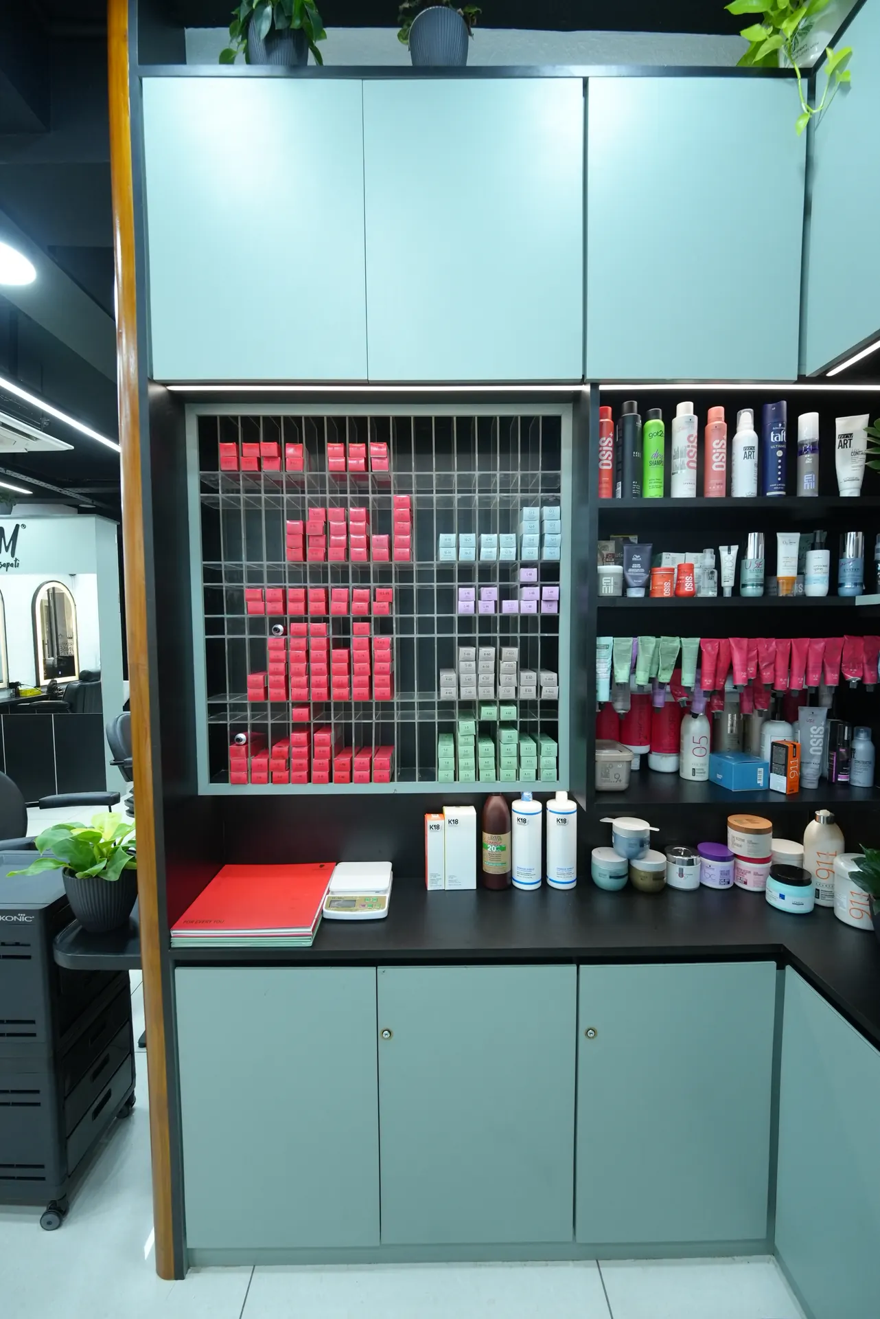 Professional care products displayed on shelves